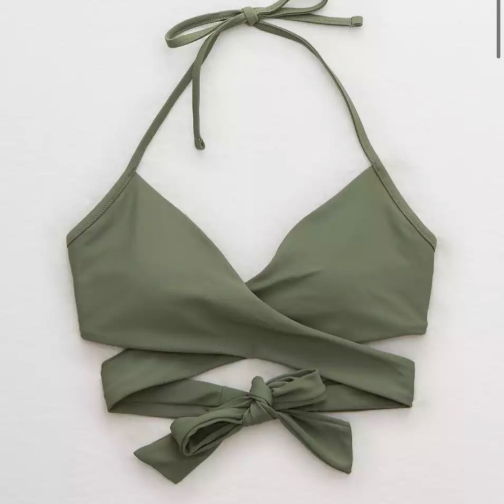 Dark green scoop neck tie around aerie bikini top